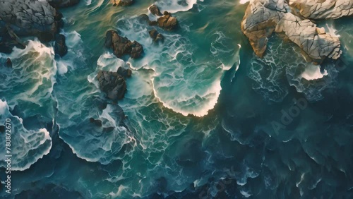 This aerial photograph captures the expansive ocean and rugged rock formations along the coastline, Aerial depiction of vivid, deep blue sea surrounding rocky formations, AI Generated photo