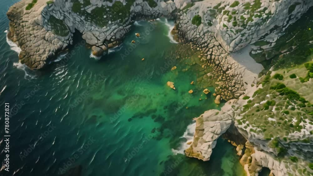 Aerial View of the Ocean and Cliffside Along the Rugged Coastline of Big Sur, Aerial panorama of an emerald sea lapping against stony banks, AI Generated Aerial View of the Ocean and Cliffside Along the Rugged Coastline of Big Sur, Aerial panorama of an emerald sea lapping against stony banks, AI Generated