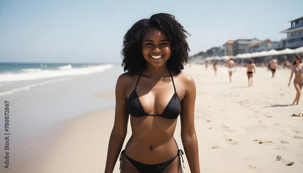 Fototapeta premium vintage smiling black woman in bikini on the beach