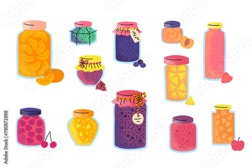 Cartoon Color Different Homemade Jams Set Concept Flat Design Style. Vector illustration of Fruit Jam in Glass Jar