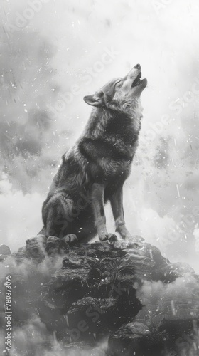 Black and white image of a majestic wolf howling on a rocky peak, with its eyes a piercing emerald green, sharp contrast against the misty backdrop, every fur detail captured, embod, generated with AI photo