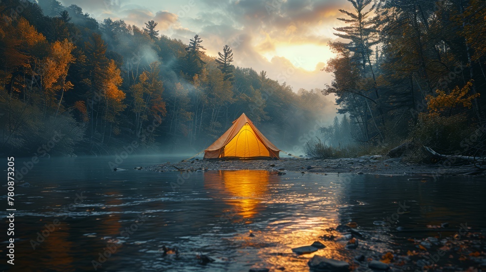Camping tent in the woods next to a river. creature in the woods. night. clearing in the woods, generated with AI