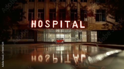 Hospital letters Are written in big red letters on the front of the buildin of tthe hospital, generated with AI photo