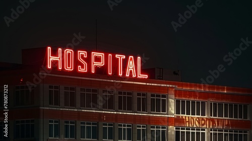 Hospital letters Are written in big red letters on the front of the buildin of tthe hospital, generated with AI photo