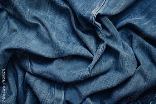 High-quality close-up image capturing the intricate textures and folds of blue denim material, highlighting the fabric's detailed weave