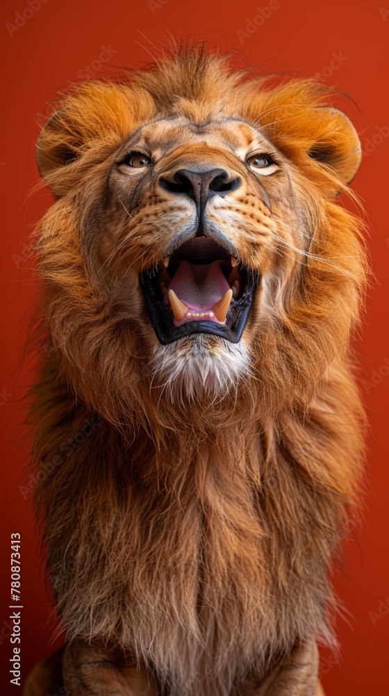 Close-up photo of a cute lion smiling wide open mouth, joyful vibes, happiness, national geographic magazine editorial, red background, generated with AI
