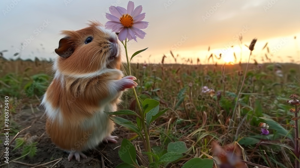 Obraz premium A hamster, brown and white, nibbles on a flower while balanced on its hind legs in a meadow