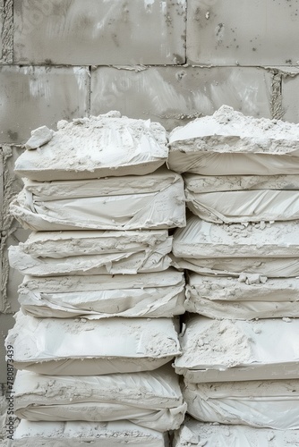 Weathered cement texture augments the neat stack of gypsum bags lined against a dreary concrete wall photo