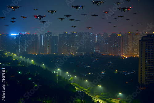 Group of drones over city at summer morning. Neural network generated image. Not based on any actual scene or pattern. © lucky pics