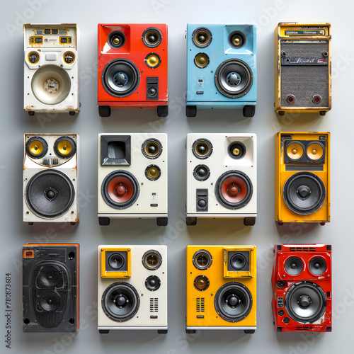 A collage showcasing a diverse array of acoustic music speakers, symbolizing the multifaceted nature of sound and modern audio technology. Generative AI.