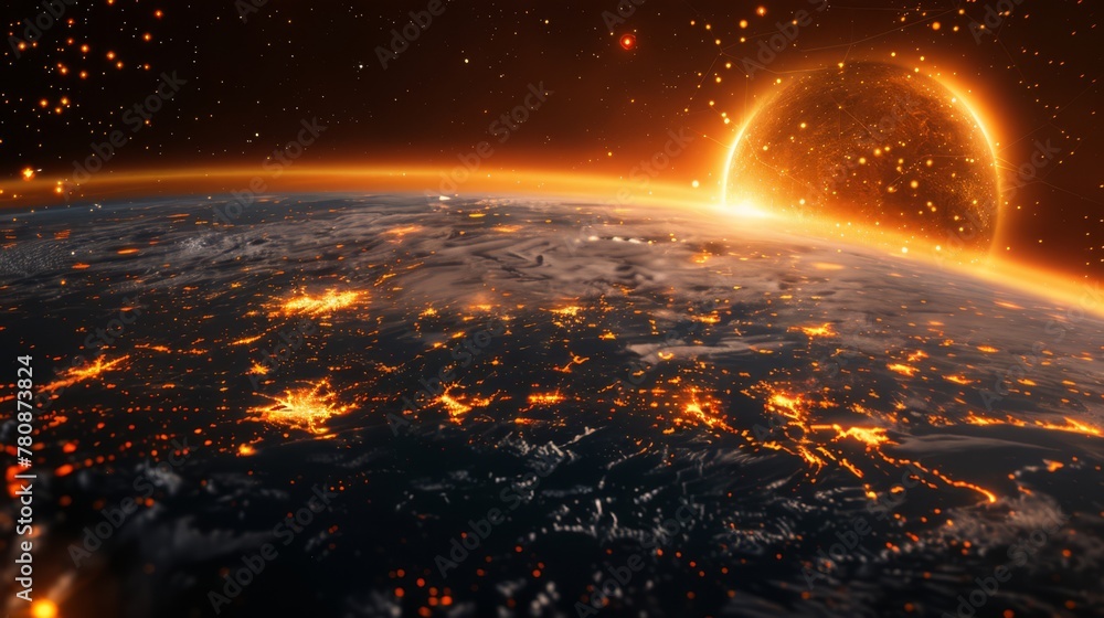 Earth with communication lines and satellite, black and yellow tone,, generated with AI Earth with communication lines and satellite, black and yellow tone,, generated with AI