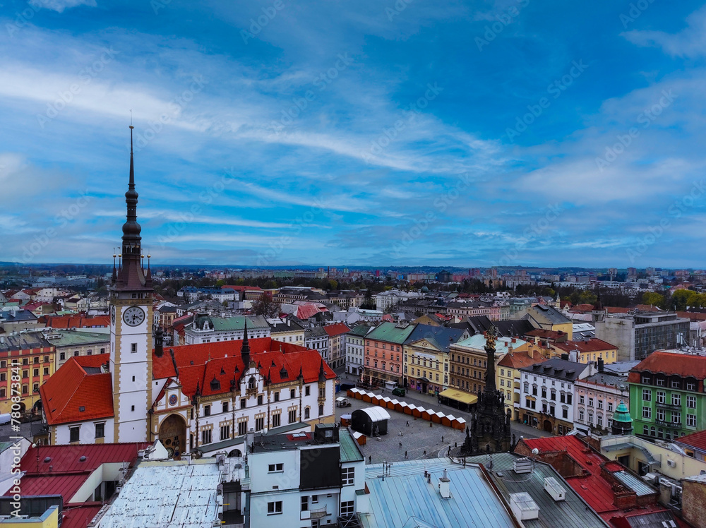 Obraz premium Olomouc, Czech Republic April 20, 2022: Top view of the Old town, town hall and Holy Trinity Column in Olomouc, Czech Republic