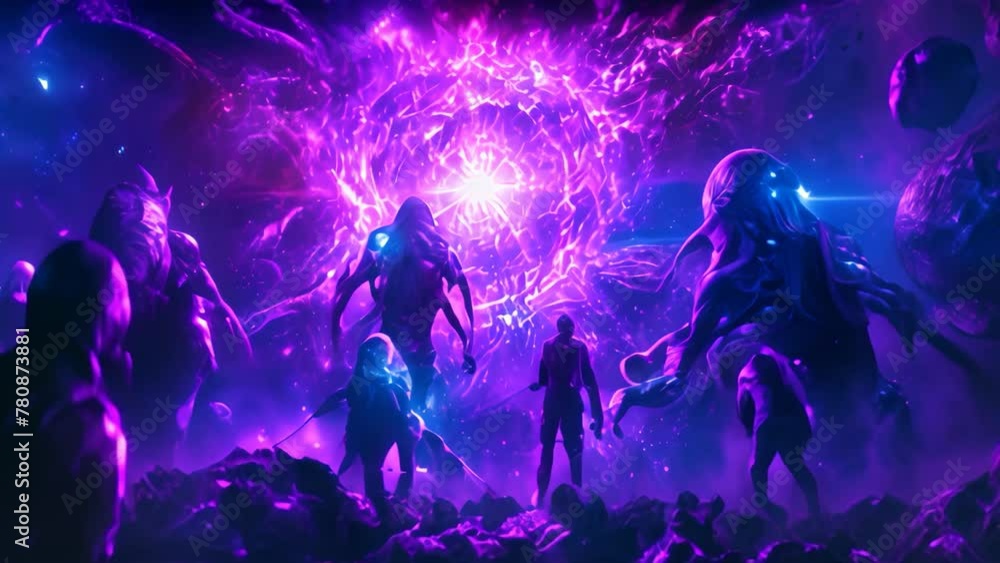 A group of individuals standing together atop a lush green field, enjoying the scenery, Alien creatures gathering around a radiant energy source, AI Generated A group of individuals standing together atop a lush green field, enjoying the scenery, Alien creatures gathering around a radiant energy source, AI Generated