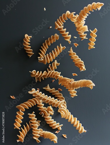 Falling macaroni on a black background to the right of the vertical image  generated with AI