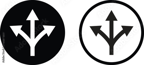 Three way arrow icon set in two styles isolated on white background . Three way direction arrow icon vector