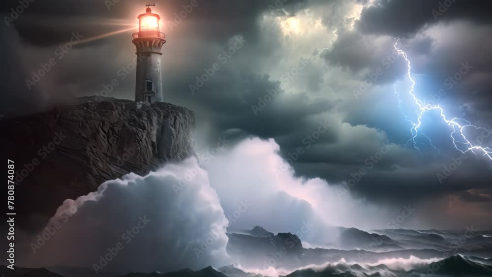 Vidéo Stock A lighthouse stands strong amidst the turbulent waves and ...