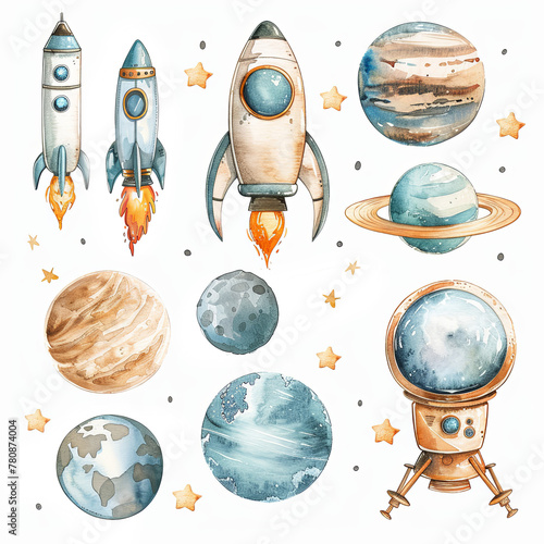 Hand-drawn watercolor clipart set featuring a pack of space items on a white background with soft colors. Ideal for creative projects, invitations, and educational materials.