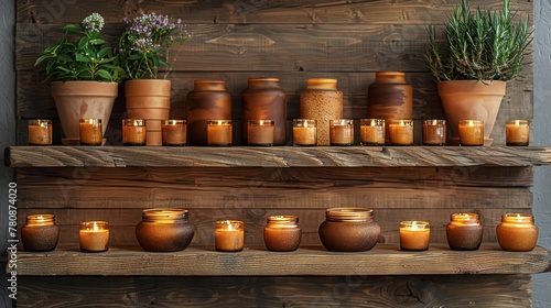  A wooden shelf, adorned with an assortment of colorful pots and flickering candles, sits alongside a lush potted plant