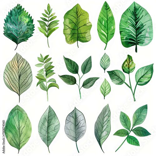 Charming watercolor clipart set showcasing green leaves in soft pastel hues on a white background. Perfect for adding a touch of nature to designs and illustrations. © Yana