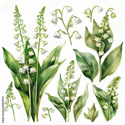 Elegant watercolor clipart set showcasing lilies of the valley bouquets, single flowers, and elements in delicate pastel colors on a white background.