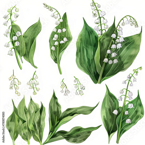 Versatile watercolor clipart set featuring a pack of lilies of the valley bouquets, single flowers, and elements in gentle pastel colors. 