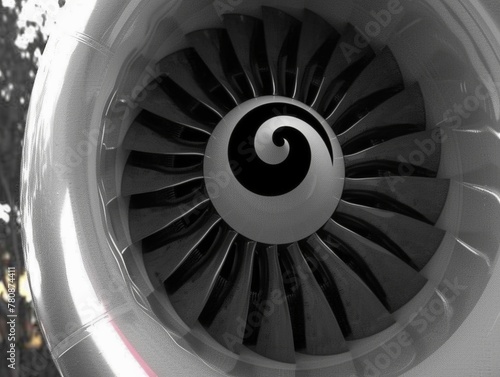 Front view of turbine on a commercial airplane, realist detail, minimalist palette, in the style of monochromatic white, generated with AI