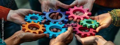 A group of hands holding colored gears, symbolizing collaboration teamwork and growth in business or social connections