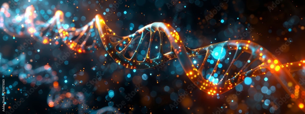 3D render of a double helix DNA structure floating in space, glowing and sparkling with energy. Dark blue background creates an atmosphere of mystery and science fiction. 3D render of a double helix DNA structure floating in space, glowing and sparkling with energy. Dark blue background creates an atmosphere of mystery and science fiction.