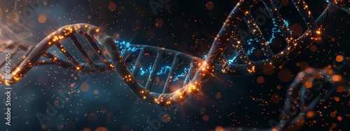 3D render of a double helix DNA structure floating in space, glowing and sparkling with energy. Dark blue background creates an atmosphere of mystery and science fiction. photo