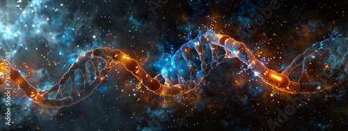 3D render of a double helix DNA structure floating in space  glowing and sparkling with energy. Dark blue background creates an atmosphere of mystery and science fiction.