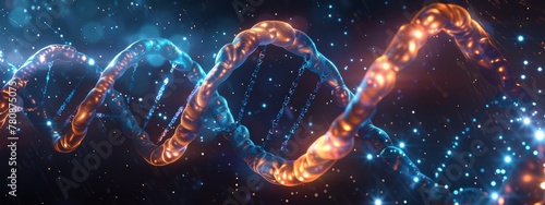 3D render of a double helix DNA structure floating in space, glowing and sparkling with energy. Dark blue background creates an atmosphere of mystery and science fiction.