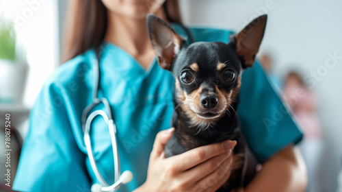Black toy terrier in a veterinary clinic photo