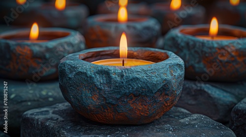   A close-up photo of a lit candle burning in a bowl atop a rock surrounded by other lit candles in the background