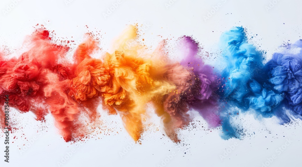Rainbow color powder explosion on white background, flat lay, stock photo, generated with AI
