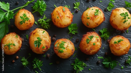 Potato noisettes separated on random background top view food photography, generated with AI photo