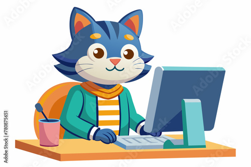 cat in clothes works at the computer and smile vector illustration