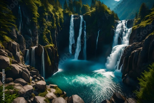 A breathtaking panoramic view of a majestic waterfall cascading down a steep mountainside  captured with incredible detail in 4K resolution. The fine textures and vibrant colors make 