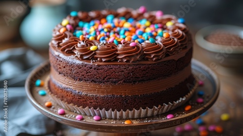  A chocolate cake with chocolate frosting, topped with sprinkles, sits on a cake plate