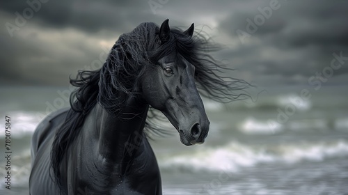  A black horse atop a beach, near the ocean under gloomy, dark clouds on a cloudy day