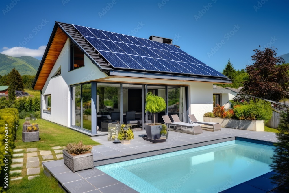 modern house with solar panels on the roof, concept of autonomous heating and eco systems modern house with solar panels on the roof, concept of autonomous heating and eco systems