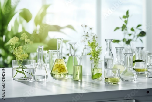 glass medical flasks with different medicinal plants on a white background, the concept of natural ingredients and extracts for the cosmetic and medical industry