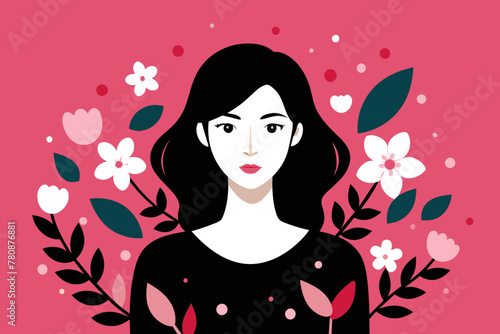 ector Illustration of a Young Woman Amidst a Flourish of Flowers