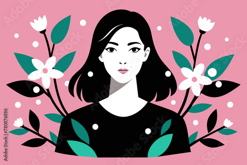 ector Illustration of a Young Woman Amidst a Flourish of Flowers