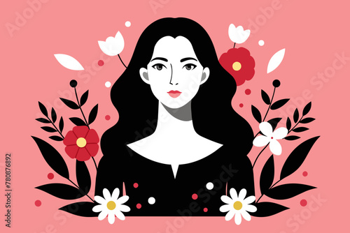 ector Illustration of a Young Woman Amidst a Flourish of Flowers