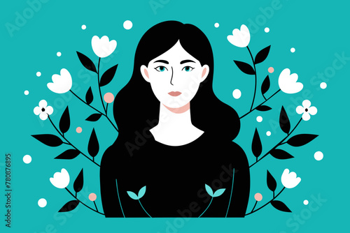 ector Illustration of a Young Woman Amidst a Flourish of Flowers