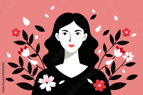 ector Illustration of a Young Woman Amidst a Flourish of Flowers