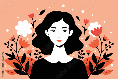 ector Illustration of a Young Woman Amidst a Flourish of Flowers