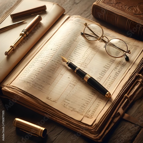 Antikes Buchhaltungsbuch mit Füllfederhalter und Brille - Historisches Finanzwesen photo