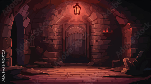Abandoned castle dungeon room with light on wall. D photo