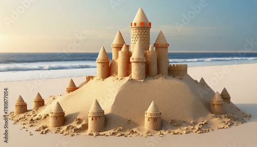 Exquisite sandcastle on a tranquil beach with a stunning sunrise as the backdrop
